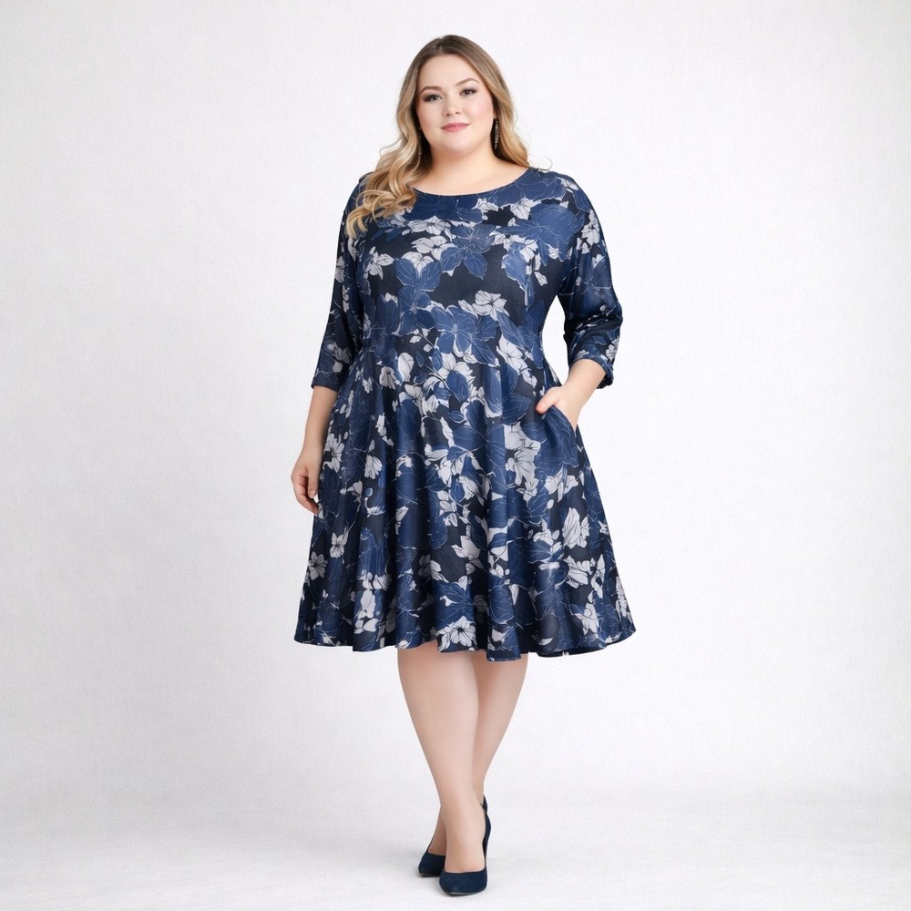 Yelete Womens 2XL Navy Floral A-Line‎ Midi Dress Long Sleeve Pockets Stretchy
